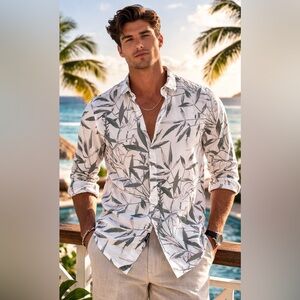 NWT Perry Ellis Bamboo Leaf Print Shirt M White Green Viscose